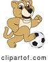 Vector Illustration of a Cartoon Lion Cub School Mascot Playing Soccer by Mascot Junction