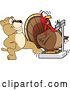 Vector Illustration of a Cartoon Lion Cub School Mascot Stepping on a Scale While a Turkey Is Weighing Himself by Mascot Junction