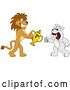 Vector Illustration of a Cartoon Lion Mascot Giving a First Place Trophy to a Bulldog, Symbolizing Sportsmanship by Mascot Junction