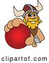 Vector Illustration of a Cartoon Male Viking School Mascot Grabbing a Cricket Ball by Mascot Junction