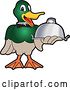 Vector Illustration of a Cartoon Mallard Duck School Mascot Waiter Holding a Cloche Platter by Mascot Junction