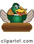 Vector Illustration of a Cartoon Mallard Duck School Mascot Welcoming over a Wooden Sign by Mascot Junction