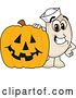 Vector Illustration of a Cartoon Navy Bean Mascot by a Halloween Jackolantern Pumpkin by Mascot Junction