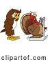 Vector Illustration of a Cartoon Owl School Mascot Watching a Turkey Bird Weigh Itself by Mascot Junction