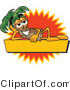 Vector Illustration of a Cartoon Palm Tree Mascot over a Blank Yellow Business Label with an Orange Burst by Mascot Junction