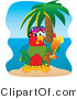 Vector Illustration of a Cartoon Parrot Mascot Drinking a Cocktail on a Tropical Beach by Mascot Junction