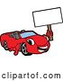 Vector Illustration of a Cartoon Red Convertible Car Mascot Holding up a Blank Sign by Mascot Junction