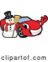 Vector Illustration of a Cartoon Red Convertible Car Mascot Waving by a Christmas Snowman by Mascot Junction