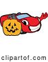 Vector Illustration of a Cartoon Red Convertible Car Mascot Waving by a Halloween Jackolantern Pumpkin by Mascot Junction