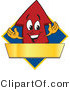 Vector Illustration of a Cartoon Red up Arrow Logo Mascot Above a Blank Gold Banner on a Blue Diamond by Mascot Junction