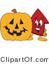Vector Illustration of a Cartoon Red up Arrow Mascot with a Halloween Pumpkin by Mascot Junction