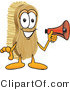 Vector Illustration of a Cartoon Scrub Brush Mascot Holding a Red Megaphone Bullhorn by Mascot Junction