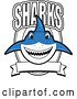 Vector Illustration of a Cartoon Shark School Mascot with Text over a Blank Banner and Shield by Mascot Junction