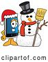 Vector Illustration of a Cartoon Smart Phone Mascot with a Christmas Snowman by Mascot Junction