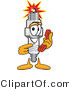 Vector Illustration of a Cartoon Spark Plug Mascot Holding and Pointing to a Red Phone by Mascot Junction