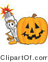 Vector Illustration of a Cartoon Spark Plug Mascot Standing by a Halloween Pumpkin by Mascot Junction