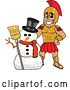 Vector Illustration of a Cartoon Spartan Warrior Mascot with a Christmas Snowman by Mascot Junction