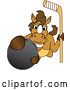 Vector Illustration of a Cartoon Stallion School Mascot Holding a Stick and Grabbing a Hockey Puck by Mascot Junction