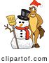 Vector Illustration of a Cartoon Stallion School Mascot Wearing a Santa Hat by a Christmas Snowman by Mascot Junction