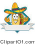 Vector Illustration of a Cartoon Taco Mascot over a Blank White Banner on a Label by Mascot Junction