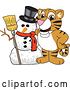 Vector Illustration of a Cartoon Tiger Cub Mascot with a Snowman by Mascot Junction