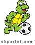 Vector Illustration of a Cartoon Turtle Mascot Playing Soccer by Mascot Junction