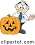 Vector Illustration of a Cartoon White Businessman Nerd Mascot with a Carved Halloween Pumpkin by Mascot Junction