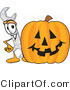 Vector Illustration of a Cartoon Wrench Mascot with a Carved Halloween Pumpkin by Mascot Junction