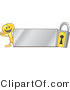 Vector Illustration of a Gold Cartoon Key Mascot and Padlock with a Silver Plate by Mascot Junction