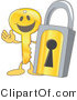 Vector Illustration of a Gold Cartoon Key Mascot by a Padlock by Mascot Junction