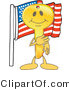 Vector Illustration of a Gold Cartoon Key Mascot by an American Flag by Mascot Junction