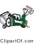 Vector Illustration of a Green Cartoon Lawn Mower Mascot Carrying Garden Tools by Mascot Junction