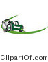 Vector Illustration of a Green Cartoon Lawn Mower Mascot Facing Front on a Logo or Nametag with a Green Dash by Mascot Junction