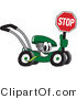 Vector Illustration of a Green Cartoon Lawn Mower Mascot Passing by and Holding a Stop Sign by Mascot Junction