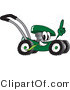 Vector Illustration of a Green Cartoon Lawn Mower Mascot Passing by and Pointing Upwards by Mascot Junction