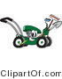 Vector Illustration of a Green Cartoon Lawn Mower Mascot Passing by While Carrying Garden Tools by Mascot Junction