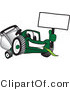 Vector Illustration of a Green Cartoon Lawn Mower Mascot Waving a Blank Sign by Mascot Junction