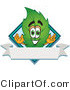 Vector Illustration of a Green Leaf Mascot with a Diamond and Blank Ribbon Label by Mascot Junction