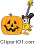 Vector Illustration of a Guitar Mascot with a Carved Halloween Pumpkin by Mascot Junction