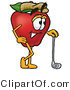 Vector Illustration of a Red Apple Mascot Leaning on a Golf Club While Golfing by Mascot Junction