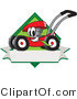 Vector Illustration of a Red Cartoon Lawn Mower Mascot Chewing Grass on a Blank Ribbon Label by Mascot Junction