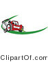 Vector Illustration of a Red Cartoon Lawn Mower Mascot Facing Front on a Logo or Nametag with a Green Dash by Mascot Junction