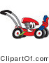Vector Illustration of a Red Cartoon Lawn Mower Mascot Holding a Blue Telephone by Mascot Junction