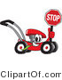 Vector Illustration of a Red Cartoon Lawn Mower Mascot Holding a Stop Sign by Mascot Junction