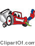 Vector Illustration of a Red Cartoon Lawn Mower Mascot Holding out a Blue Telephone by Mascot Junction