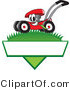 Vector Illustration of a Red Cartoon Lawn Mower Mascot Mowing Grass over a Blank White Label by Mascot Junction