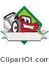Vector Illustration of a Red Cartoon Lawn Mower Mascot on a Blank Label by Mascot Junction