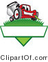 Vector Illustration of a Red Cartoon Lawn Mower Mascot on a Grassy Hill on a Blank Label by Mascot Junction