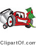 Vector Illustration of a Red Cartoon Lawn Mower Mascot Waving Cash by Mascot Junction