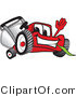 Vector Illustration of a Red Cartoon Lawn Mower Mascot Waving Hello and Eating Grass by Mascot Junction